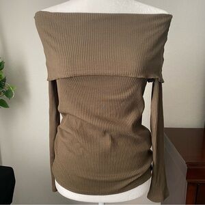 Off-Shoulder Ribbed Women Sweater - vintage olive